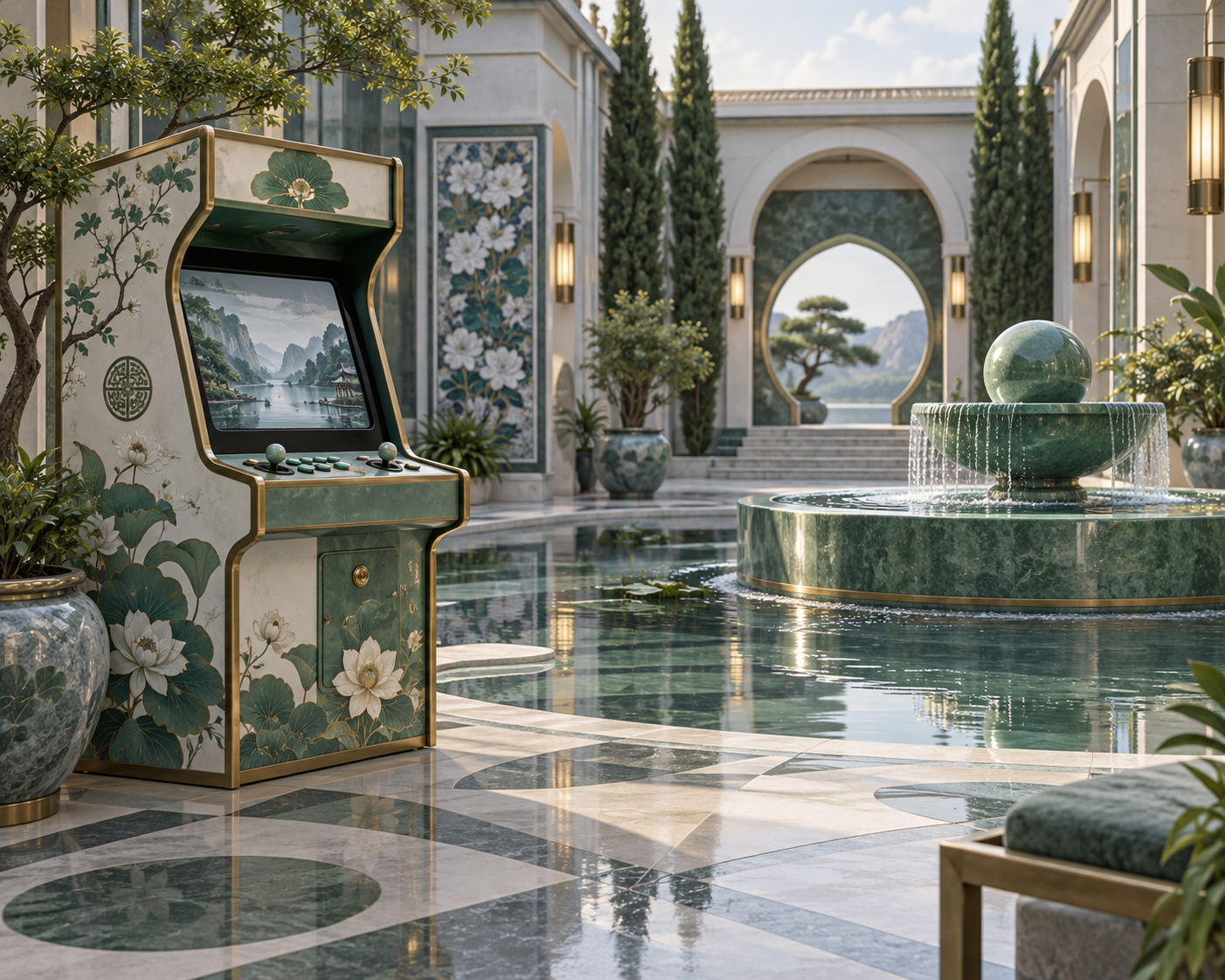 Jade game cabinet beside a fountain