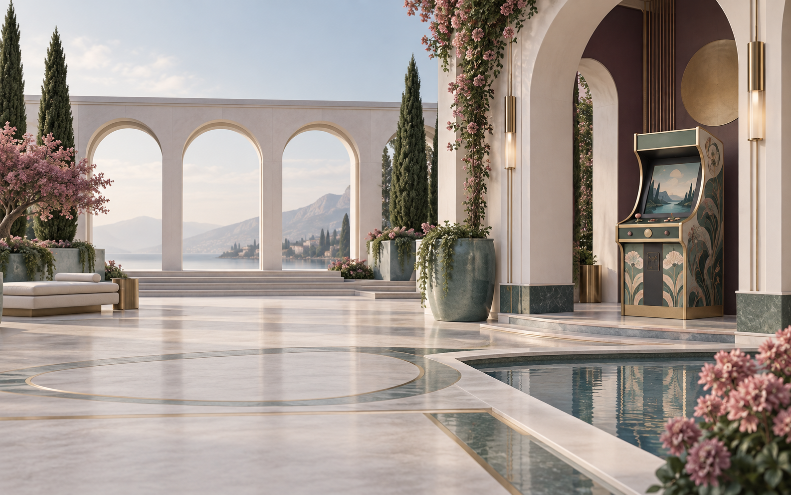Modern courtyard with geometric arches, roses and a game cabinet